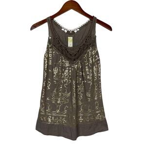 C Keer Anthropologie Tank Top Brown Taupe Gold Sequins Crochet Cotton Women's XS